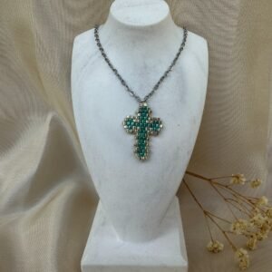 kolie me xantres miyuki stauros Silver Lined Green ST0238 AS